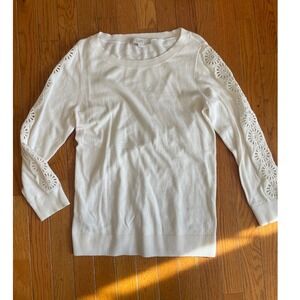 LOFT Sweater Womens Small Off White Crochet Lace Floral Sleeve Casual‎ Pullover